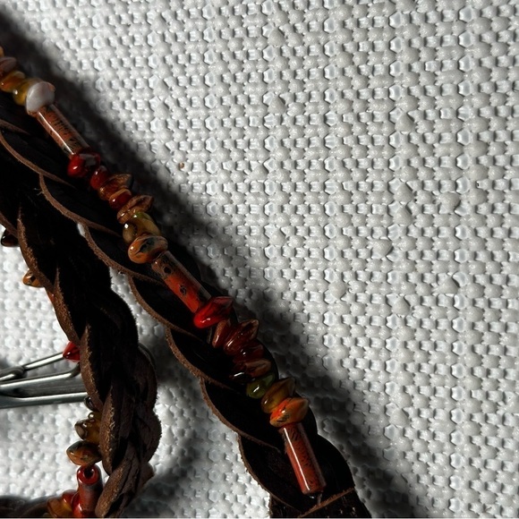 BELT Women Slim Leather Braided Beads & Chain 38-40 Adjustable Brown Hippie Boho - Picture 10 of 11